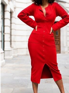 NWT Hanifa Red Knit Button Front Midi Dress With Pockets 1XL